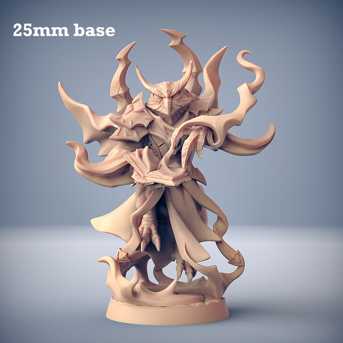 Image shows a 3D render of a owlin sorcerer gaming miniature.