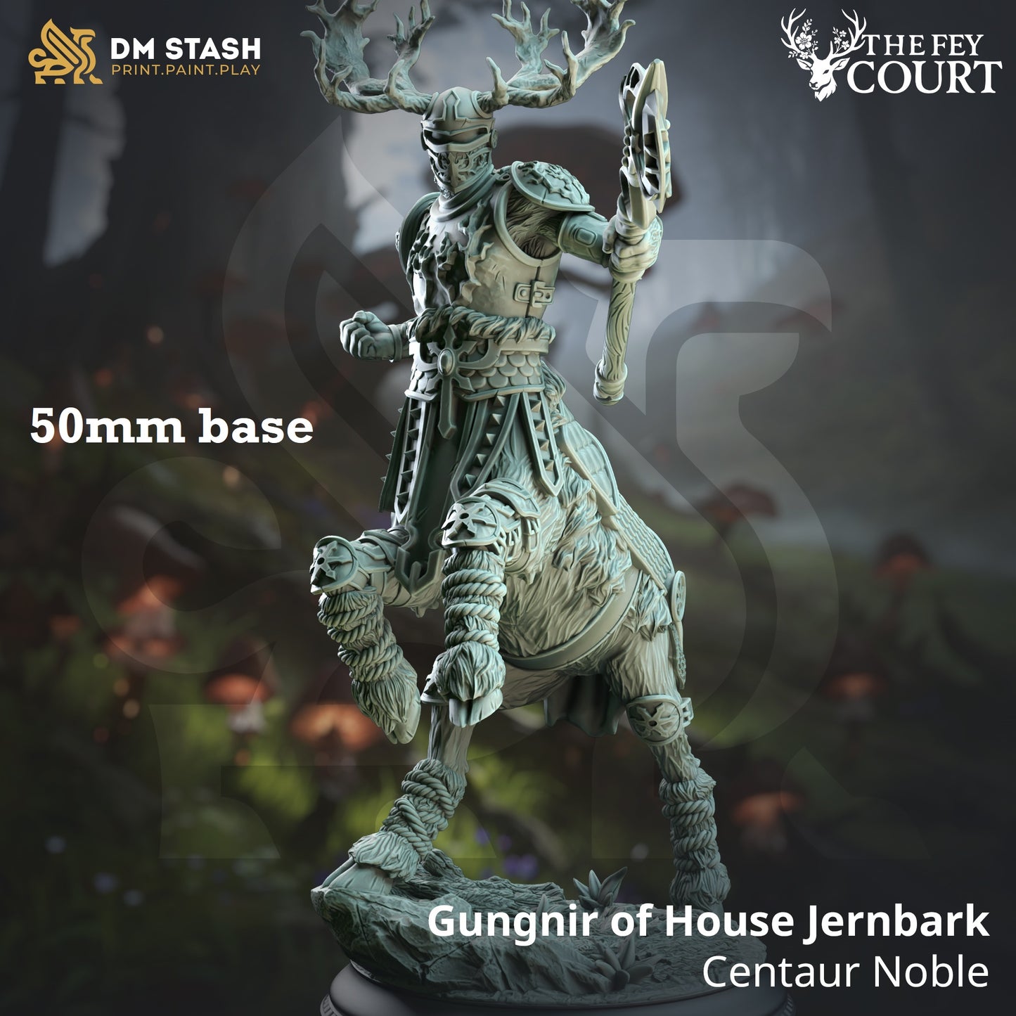 Image shows a 3D render of a fey centaur gaming miniature.