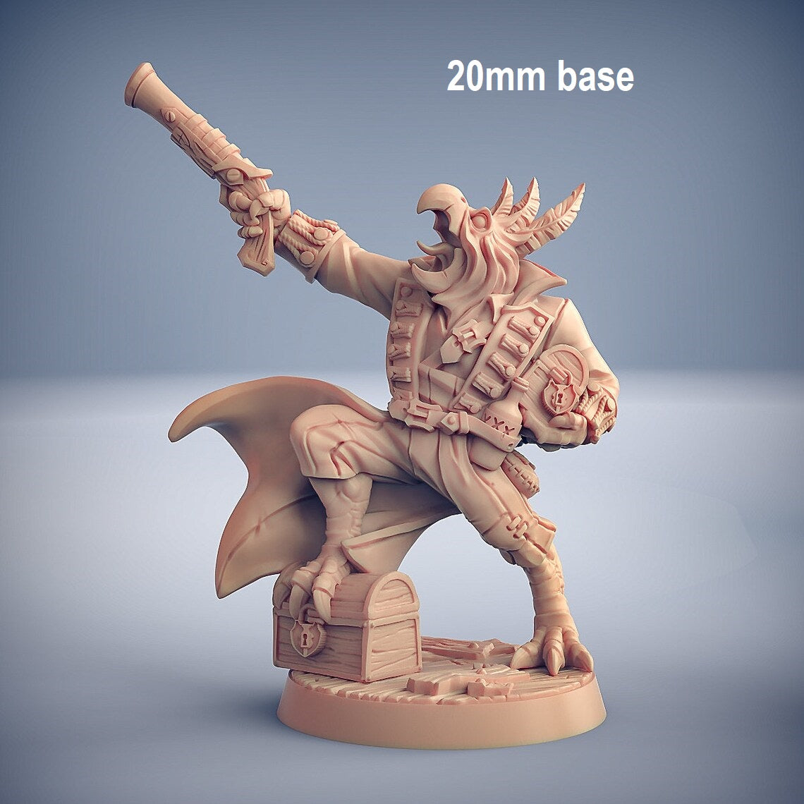 Image shows an 3D render of a bird pirate gaming miniature holding a flintlock