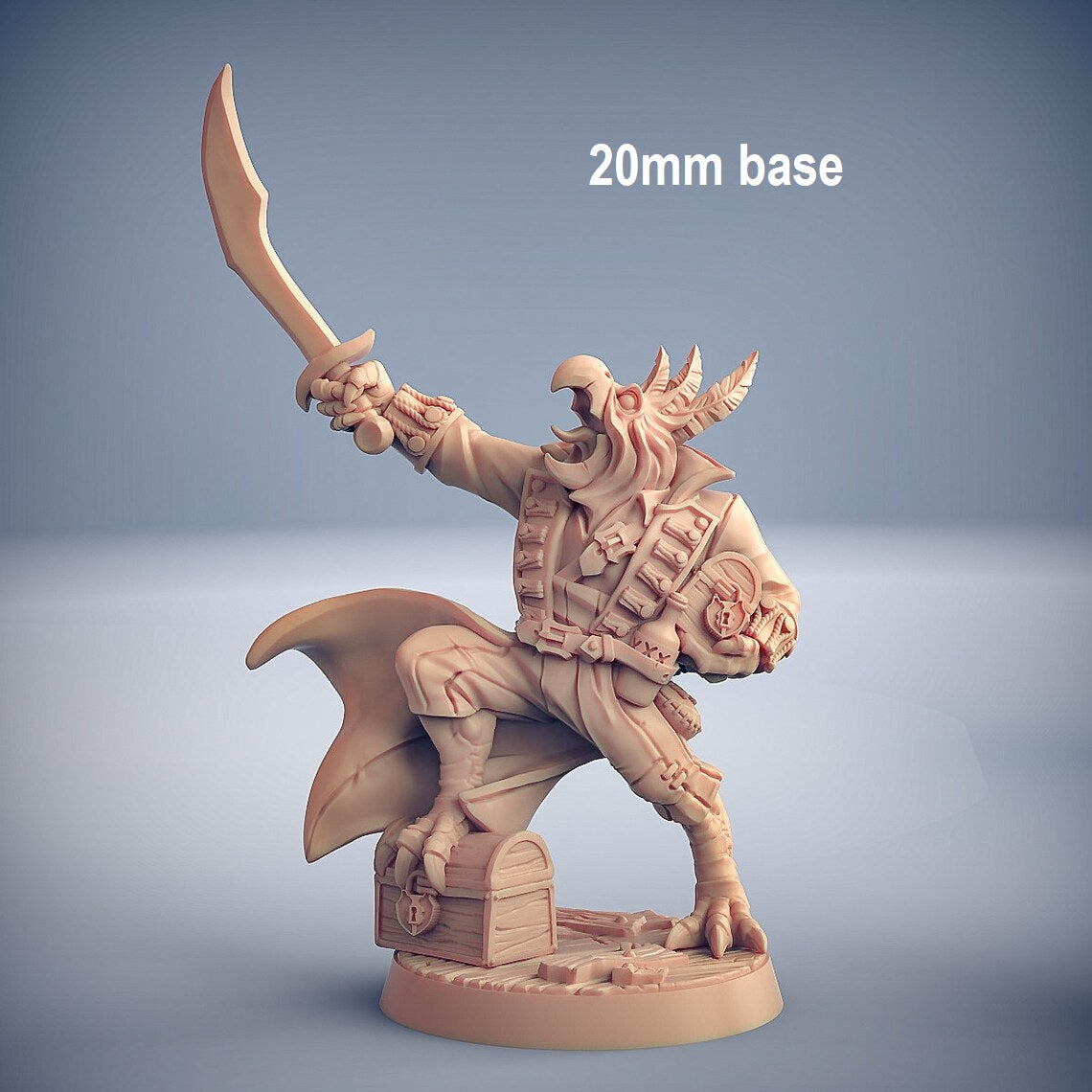 Image shows an 3D render of a bird pirate gaming miniature holding a scimitar