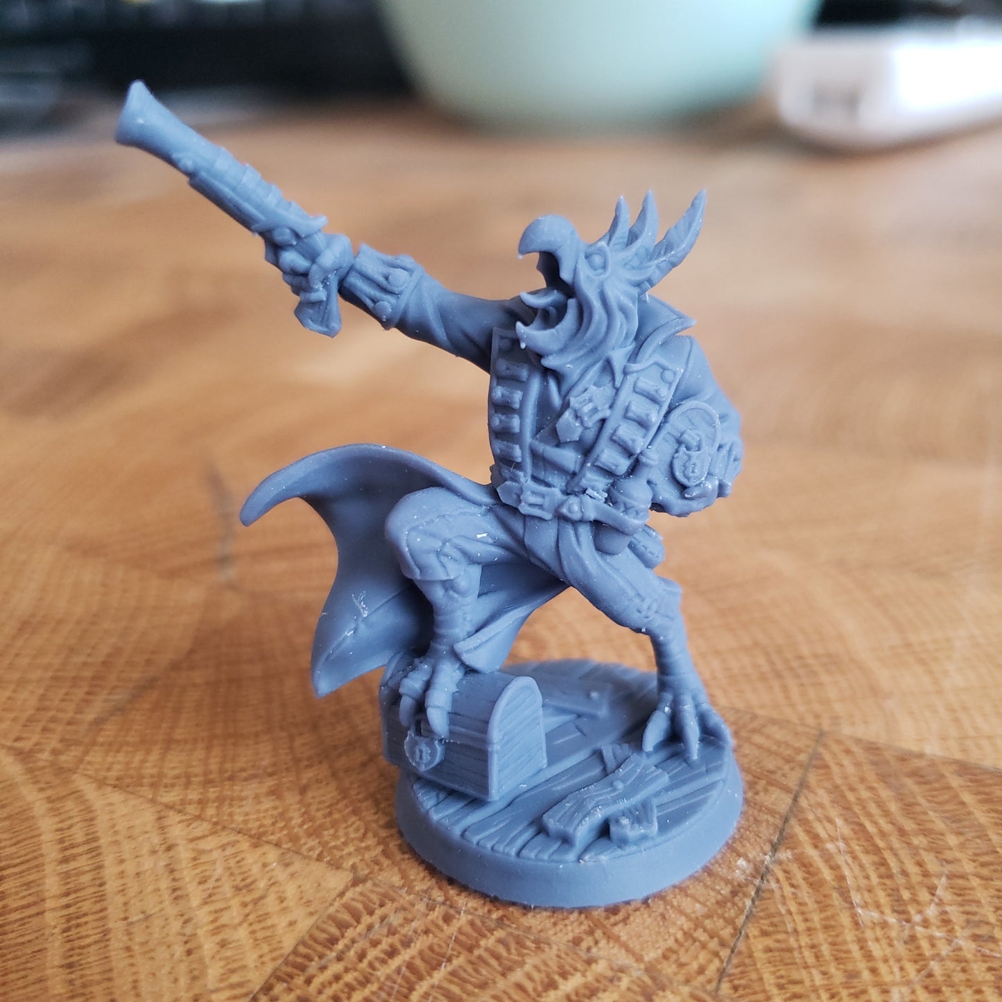Image shows an example of a 3D printed bird pirate miniature printed in-house at All Systems Go