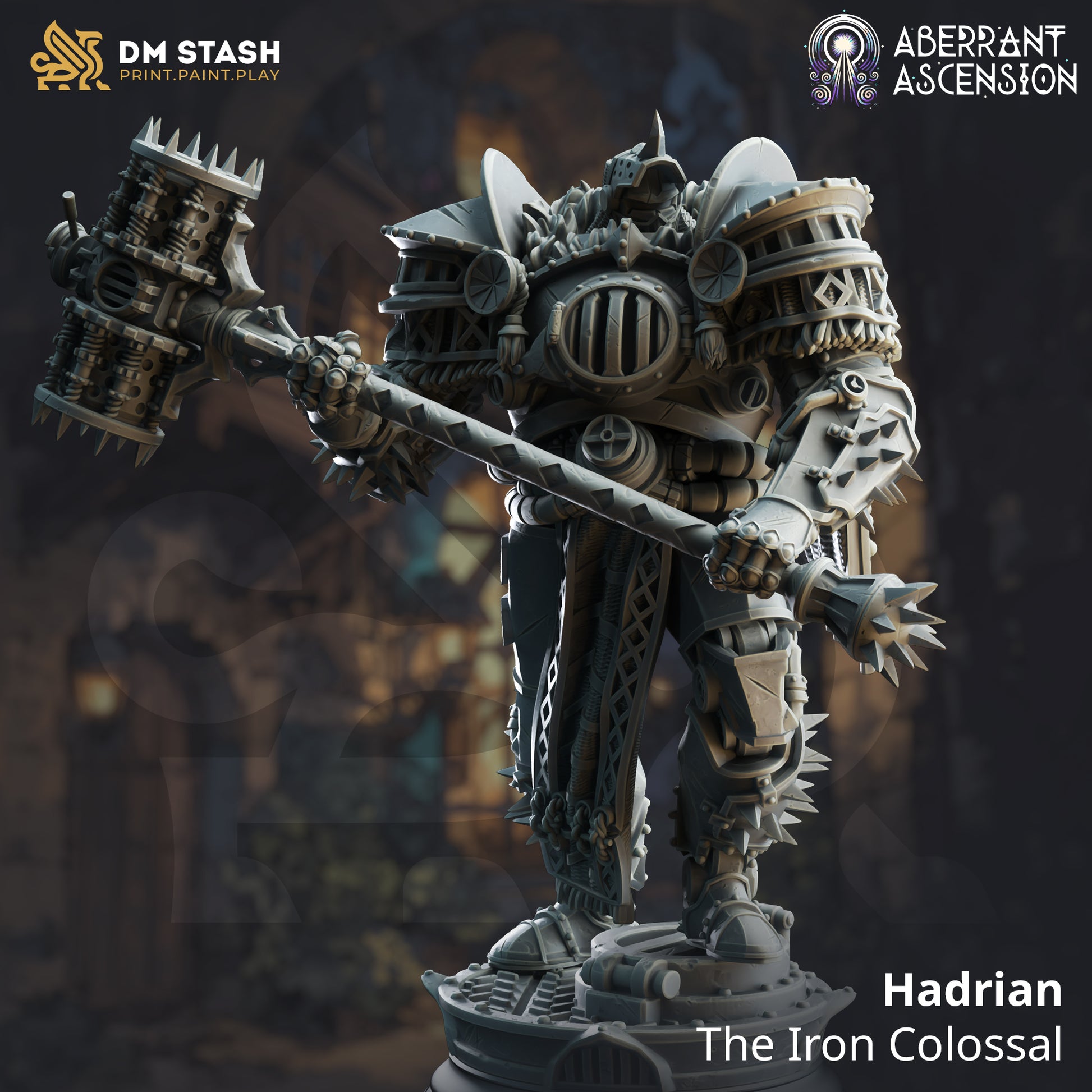 Image shows a 3D render of a warforged colossus gaming miniature, holding a large spiked hammer