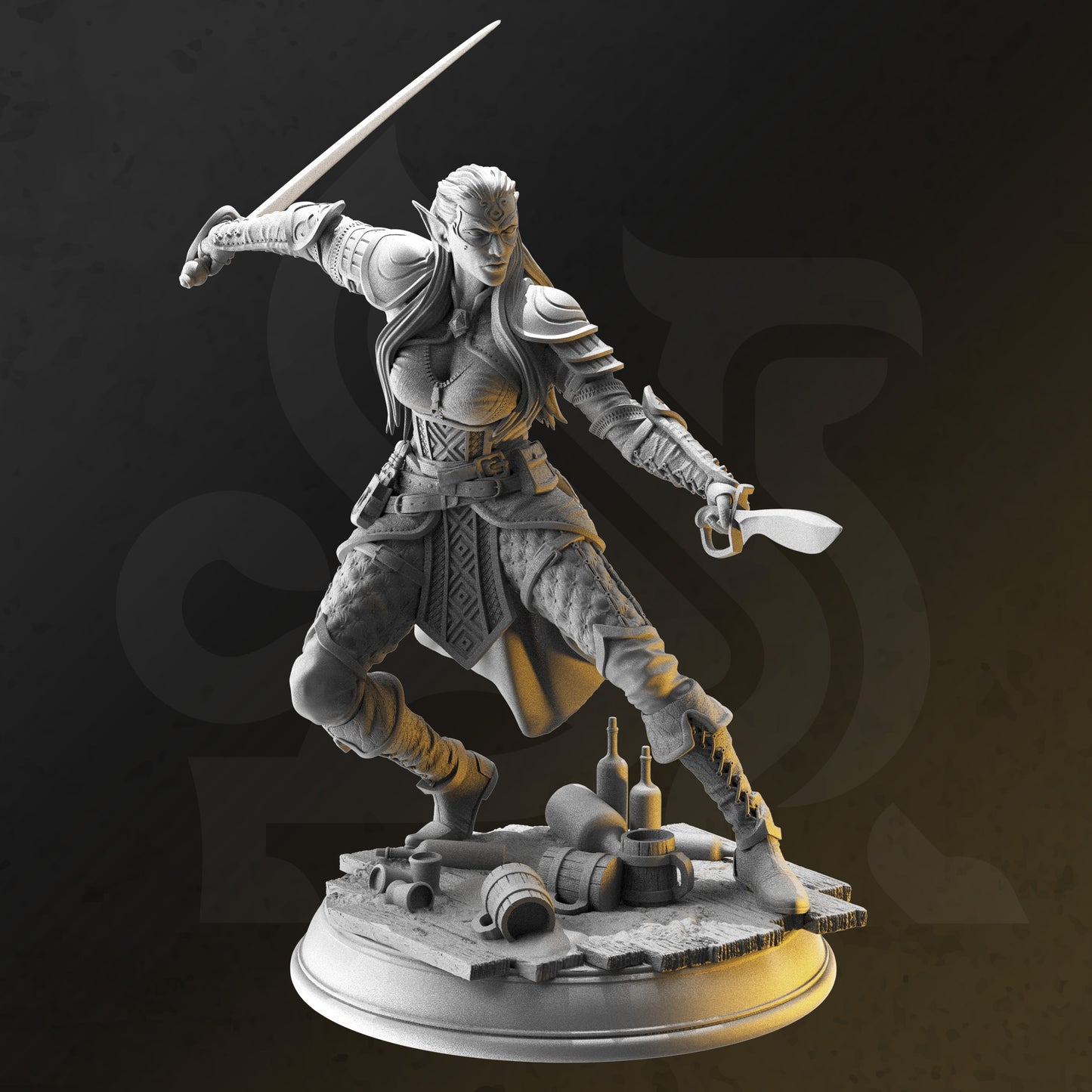 Image shows an 3D render of a half-elf rogue gaming miniature, holding a two swords