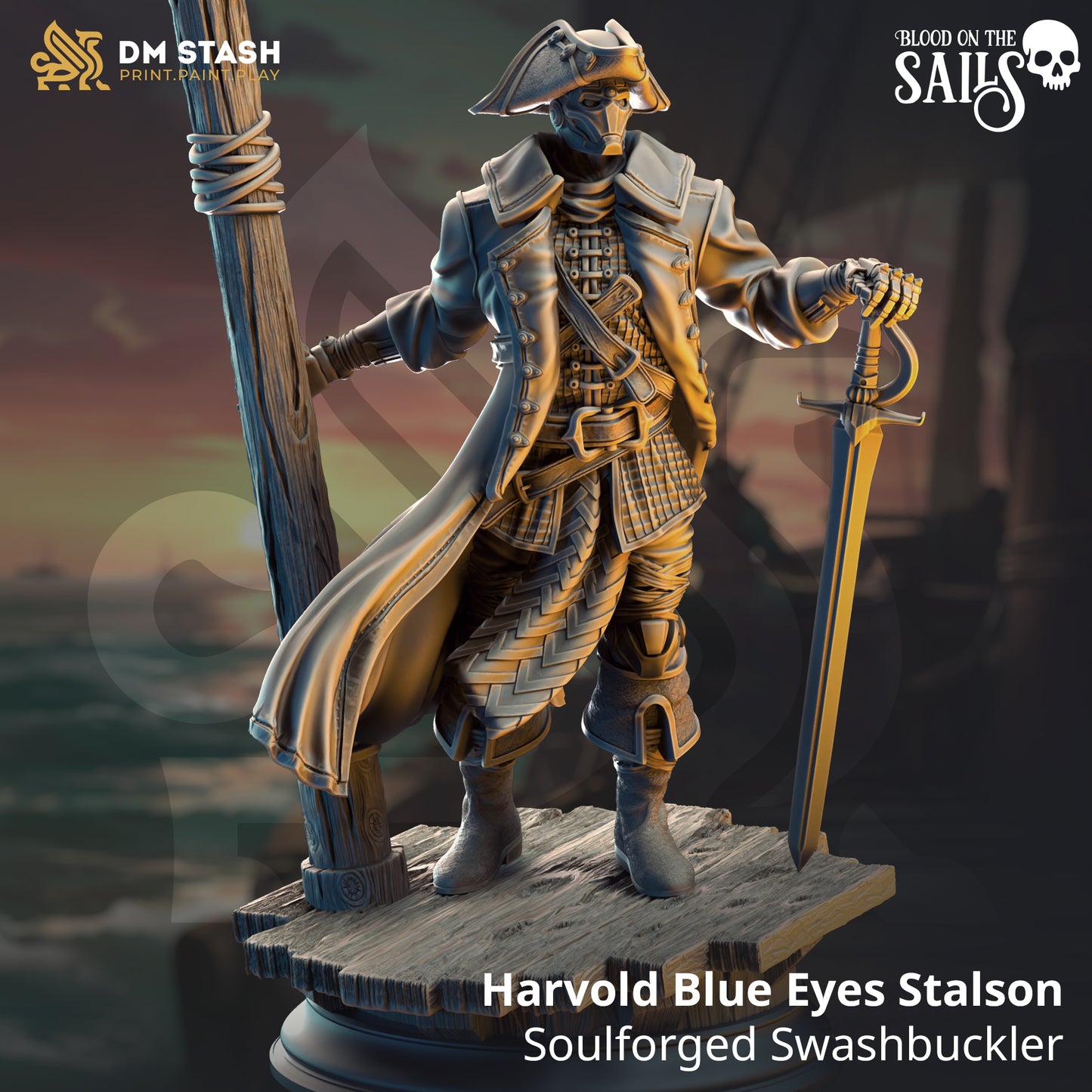 Image shows a 3D render of a warforged pirate gaming miniature.