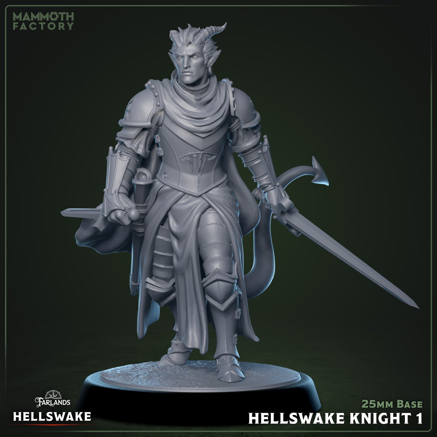 Image shows a 3D render of a tiefling fighter gaming miniature.