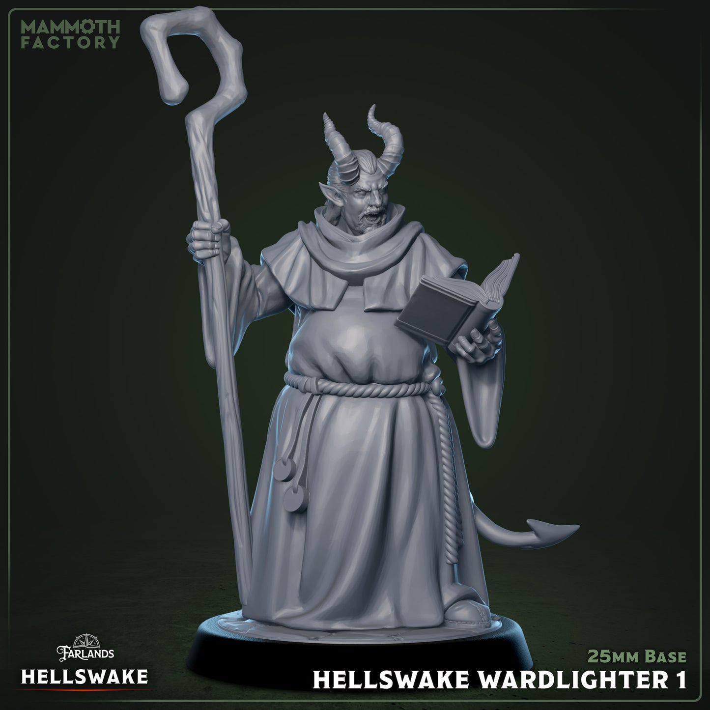 Image shows a 3D render of a tiefling cleric gaming miniature.