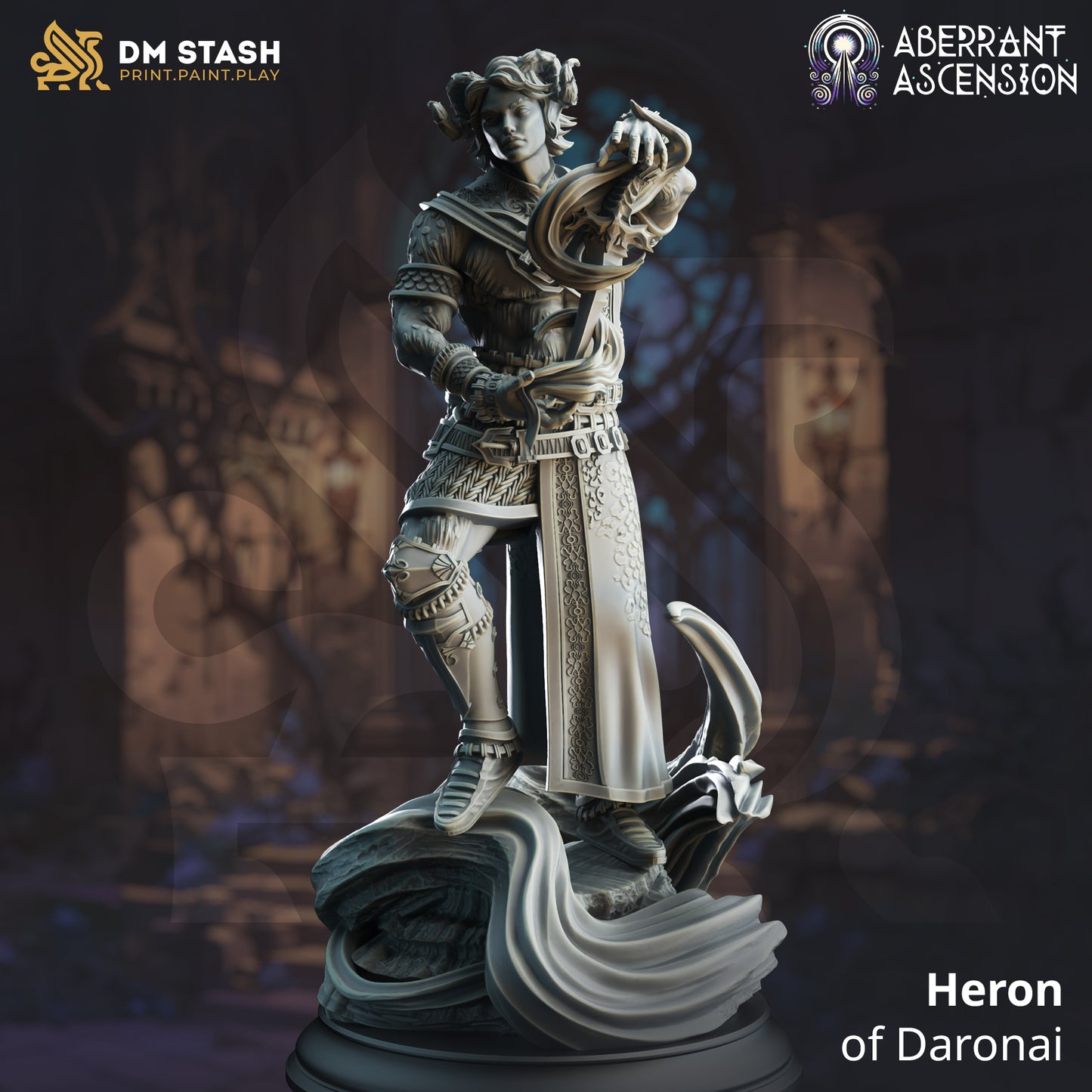 Image shows a 3D render of a nosmeni mage gaming miniature, standing on a magic wave and conjuring a spell