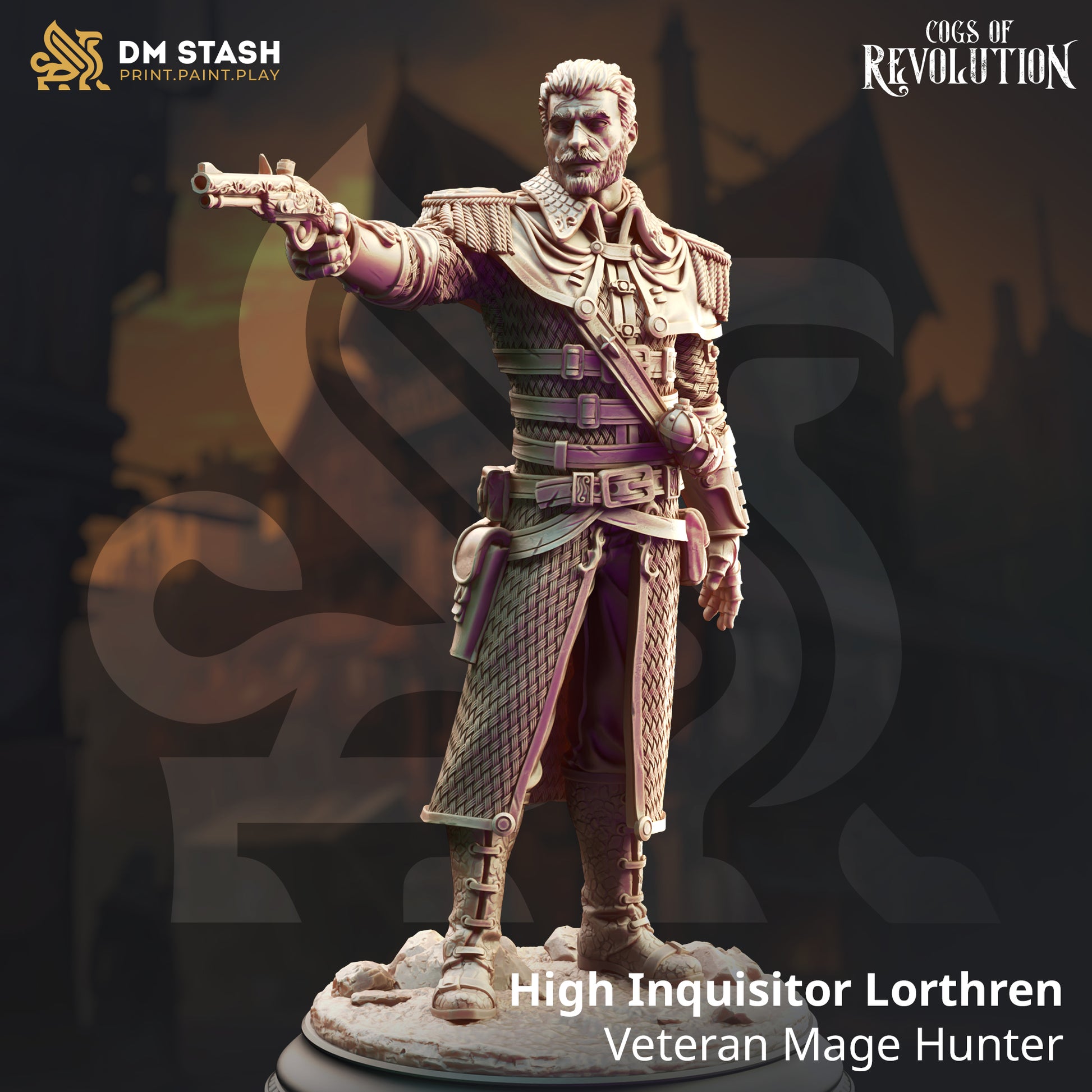 Image shows a 3D render of a steampunk human ranger gaming miniature.