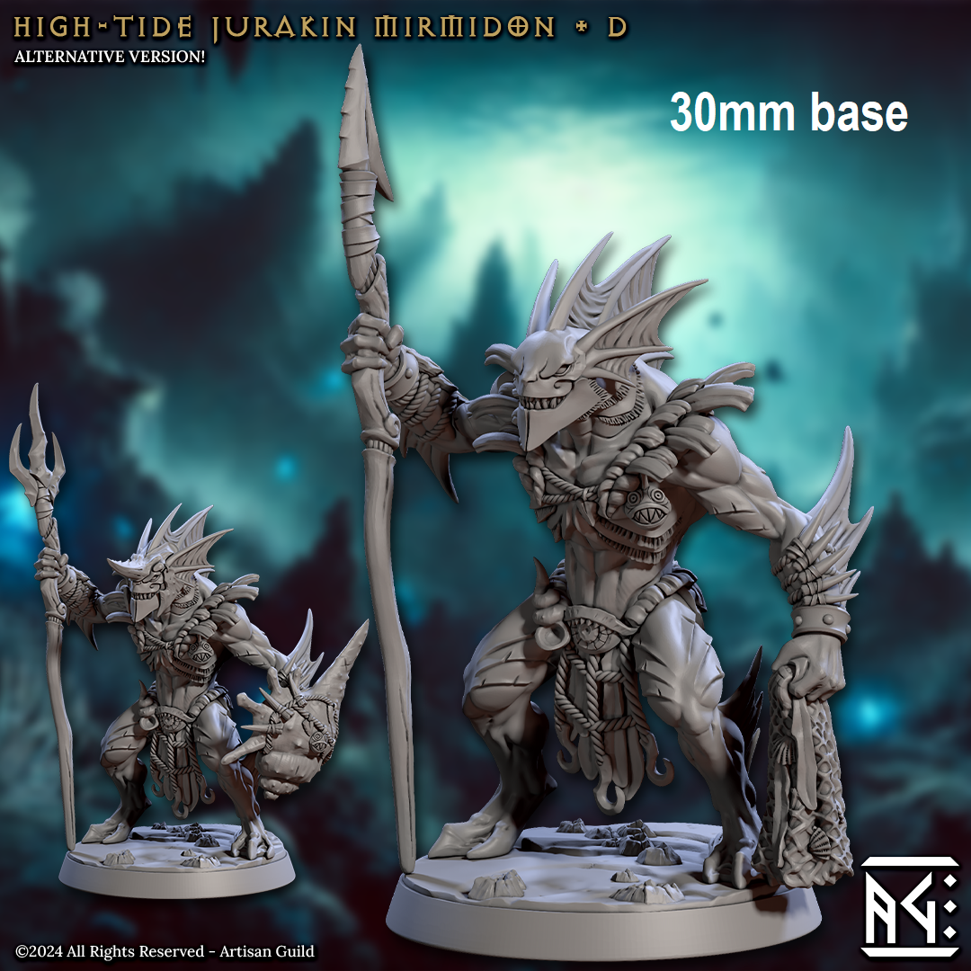 Image shows 3D renders of two different sculpt options for a merfolk warrior gaming miniature