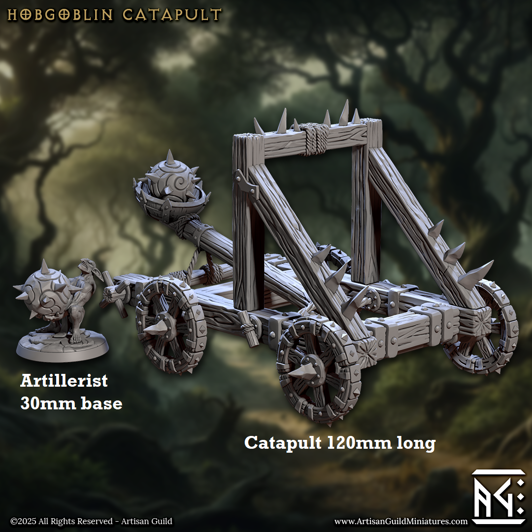 Image shows a 3D render of a set of gaming miniature terrain featuring a catapult and goblin artillerist holding a spiked metal ball