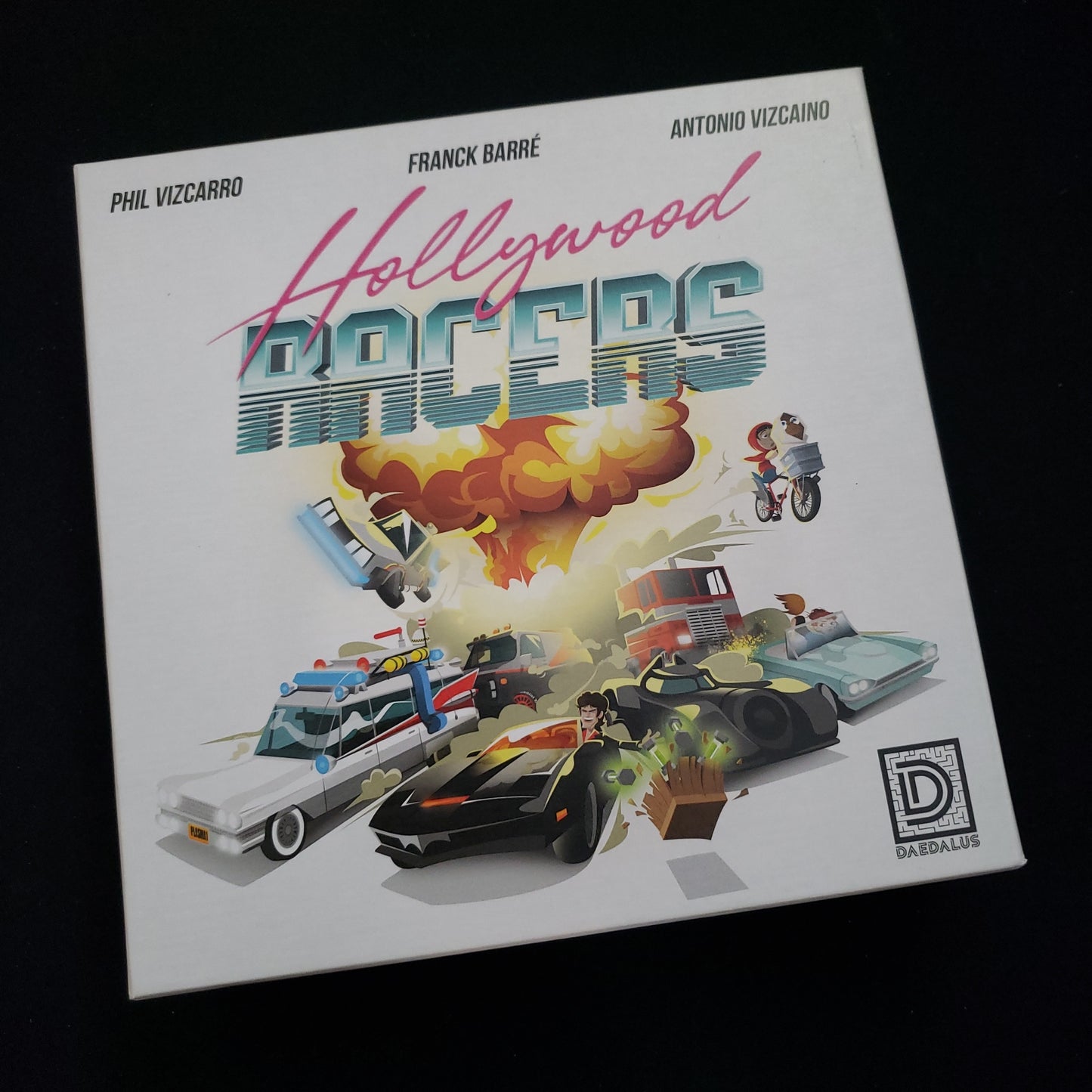 Image shows the front cover of the box of the Hollywood Racers board game