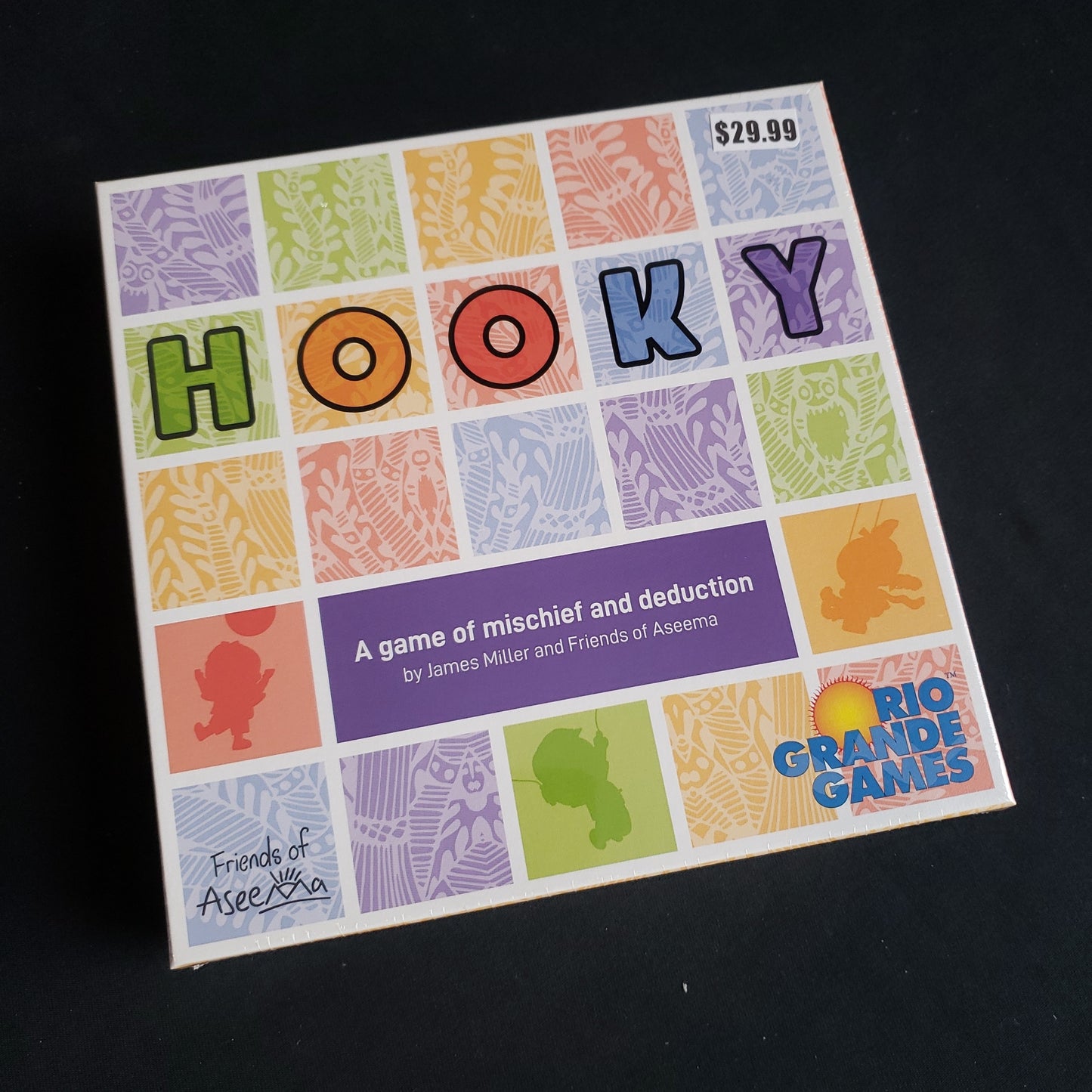Image shows the front cover of the box of the Hooky card game