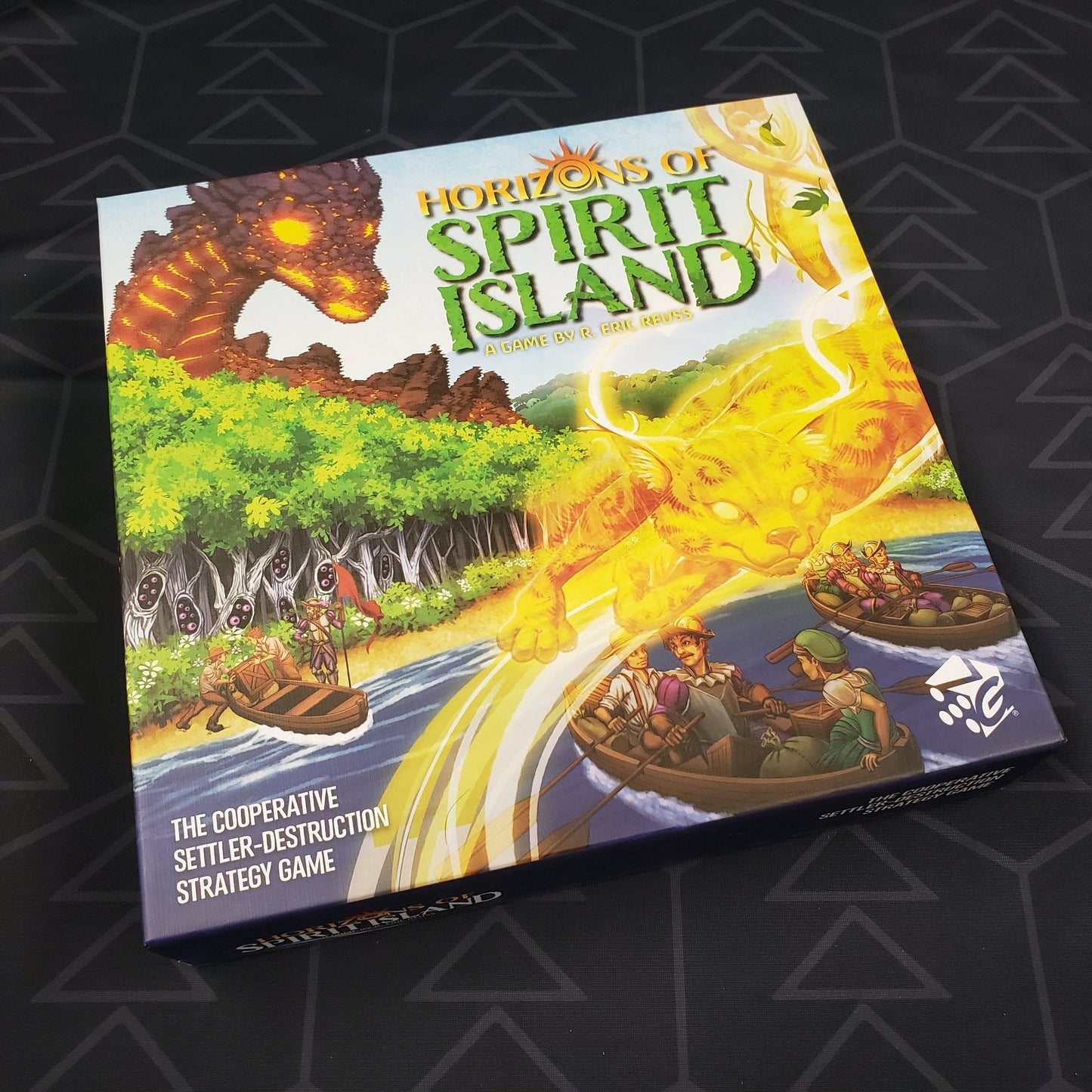 Image shows the front cover of the box of the Horizons of Spirit Island board game