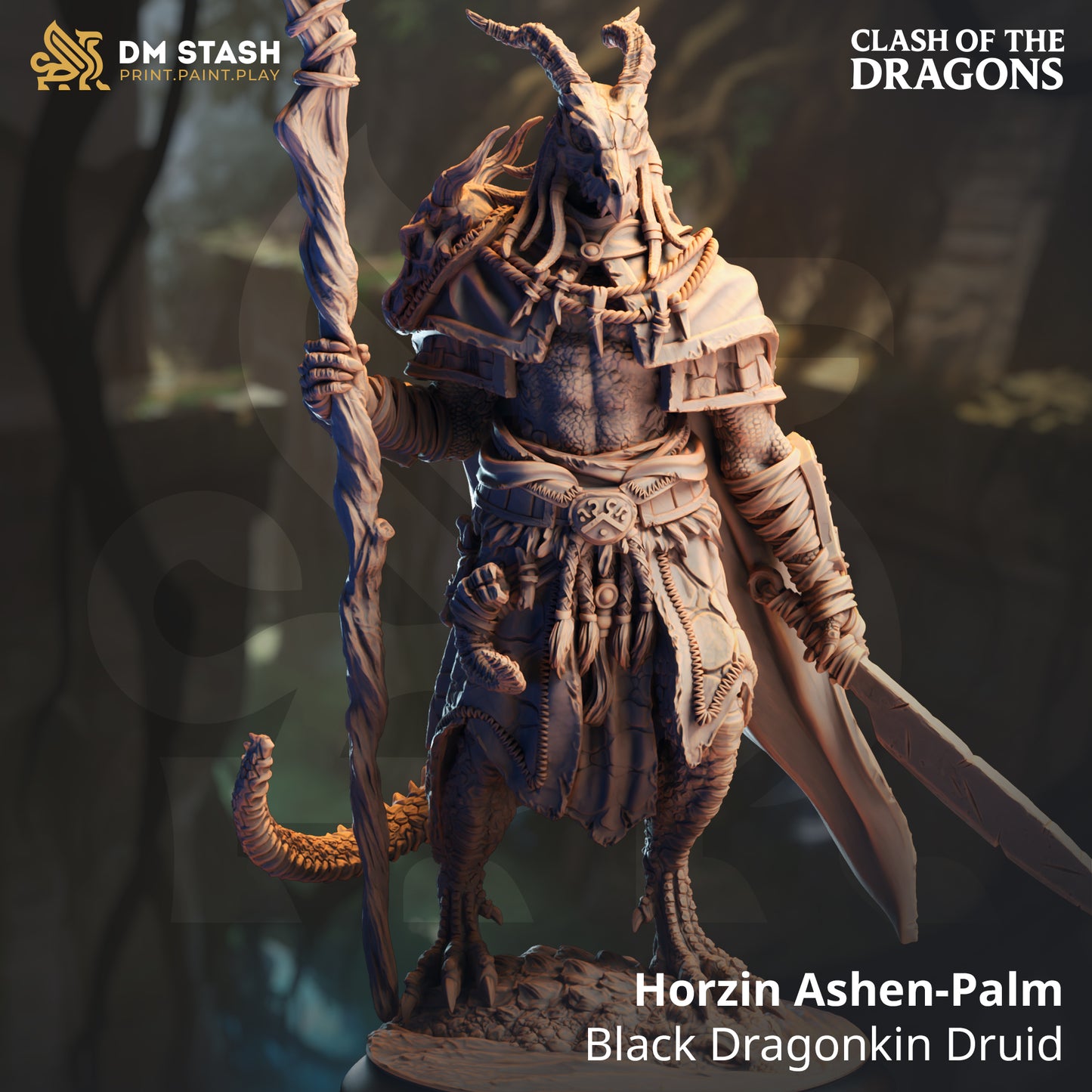 Image shows a 3D render of a dragonborn druid gaming miniature.