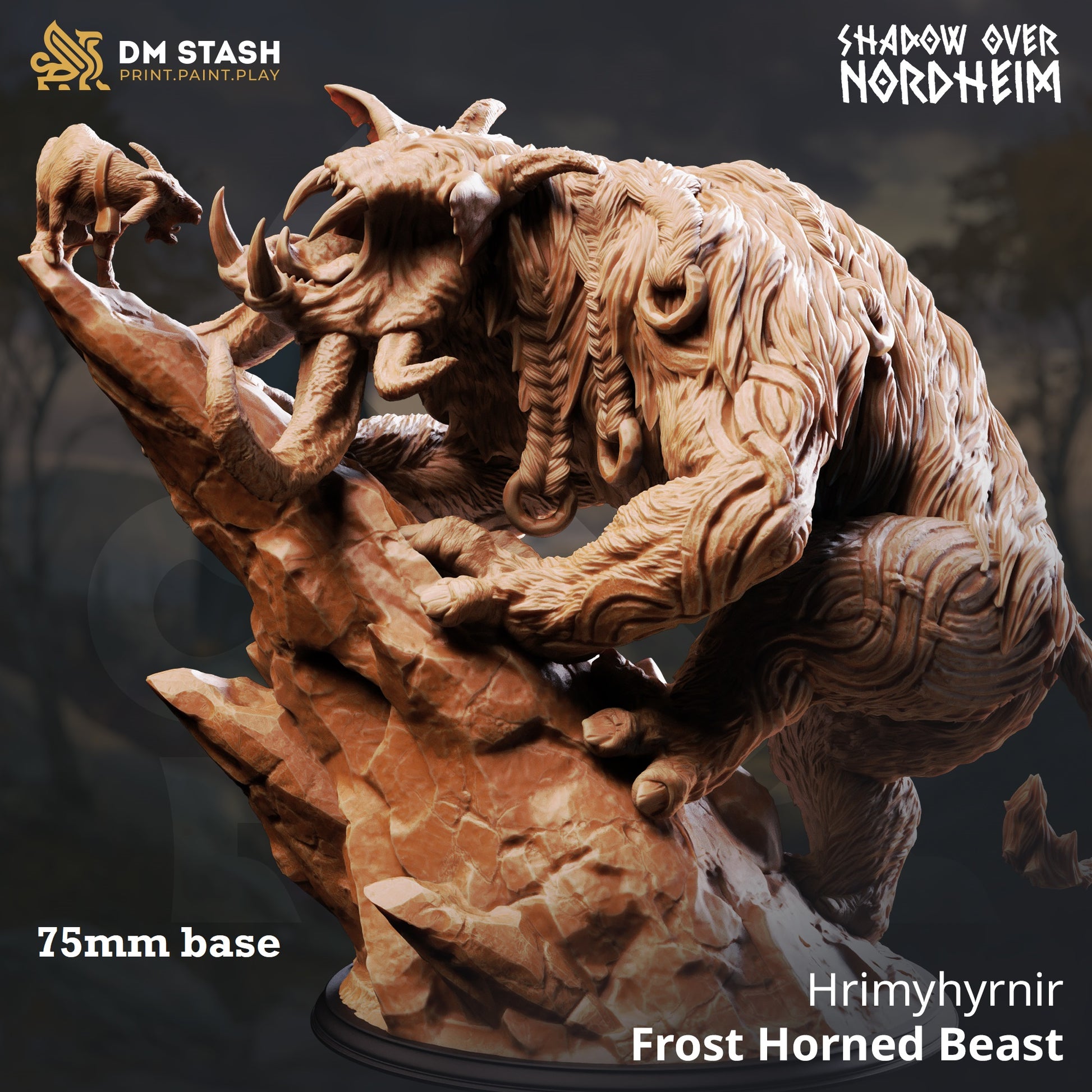 Image shows a 3D render of a horned forest beast gaming miniature.