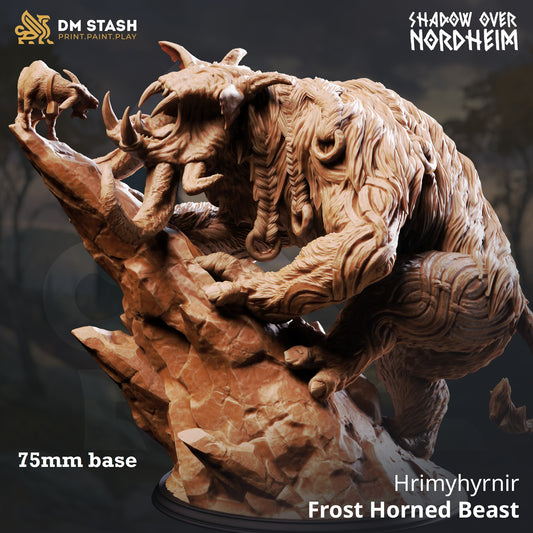Image shows a 3D render of a horned forest beast gaming miniature.