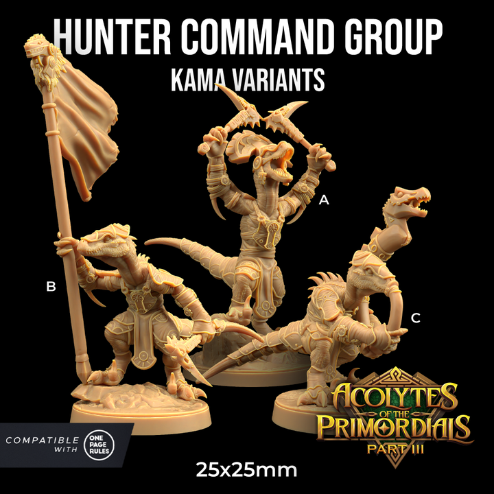 Image shows 3D renders for three different sculpt options of a velociraptor warrior gaming miniature holding various weapons