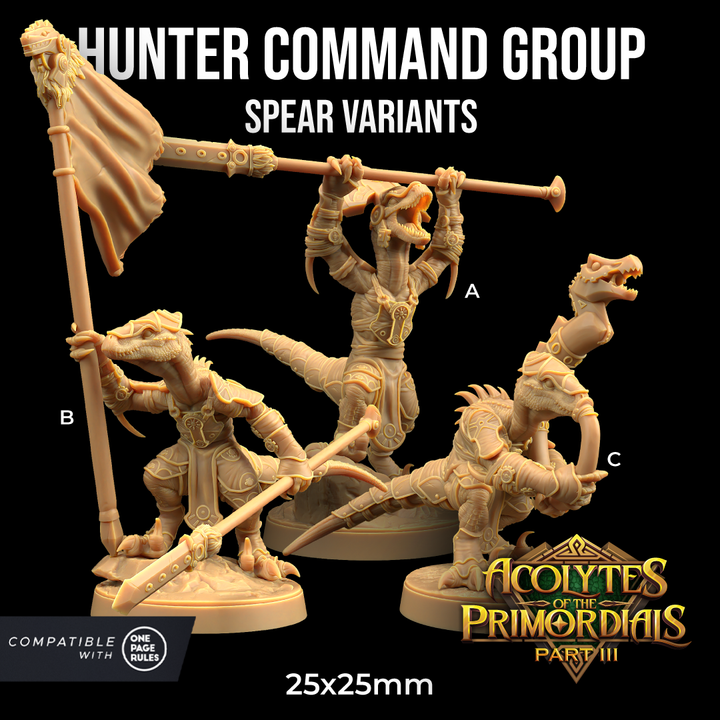 Image shows 3D renders for three different sculpt options of a velociraptor warrior gaming miniature holding various weapons