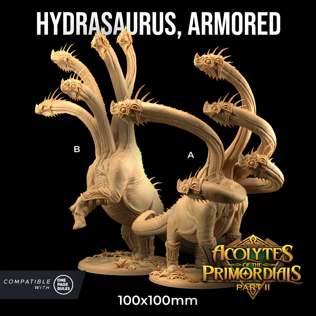 Image shows 3D renders for two different sculpt options of a brontosaurus hydra gaming miniature