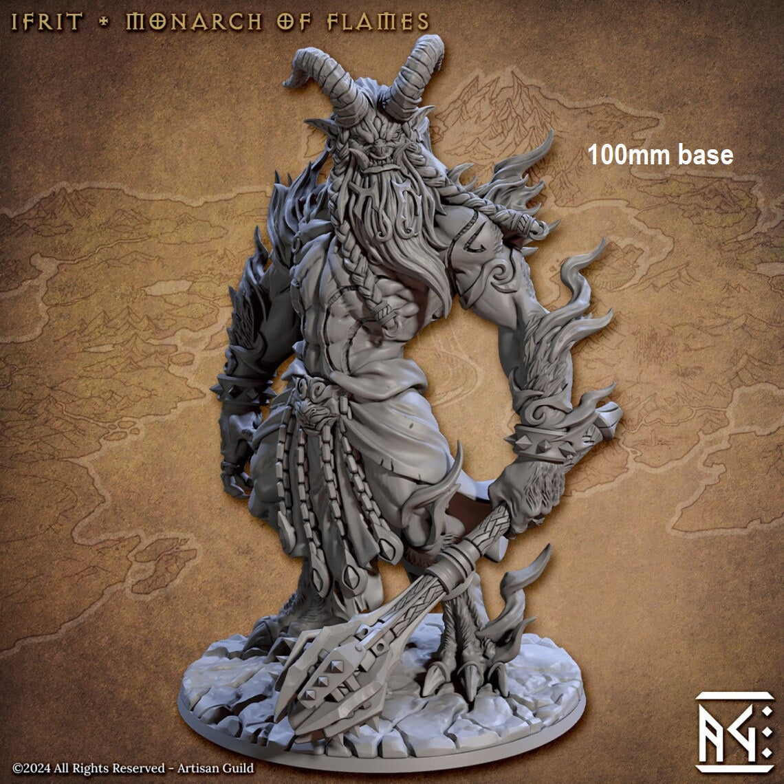 Image shows an 3D render of an ifrit gaming miniature holding a mace