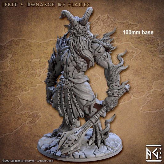 Image shows an 3D render of an ifrit gaming miniature holding a mace