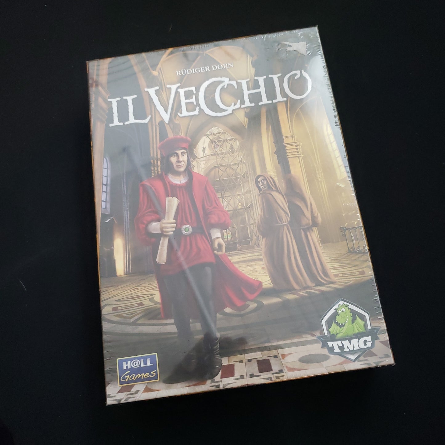 Image shows the front cover of the box of the Il Vecchio board game