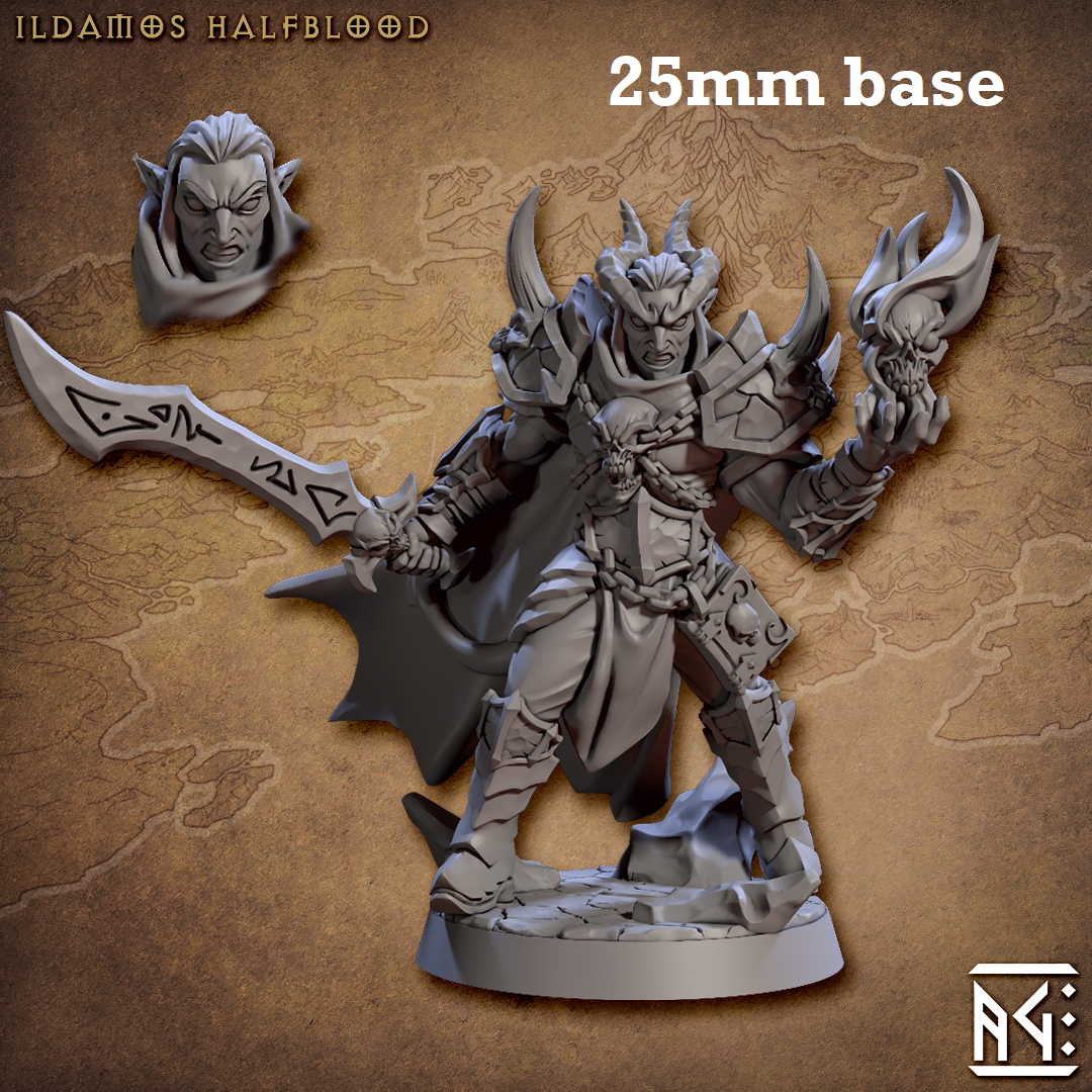 Image shows 3D renders of two sculpt options for a tiefling battlemage gaming miniature.