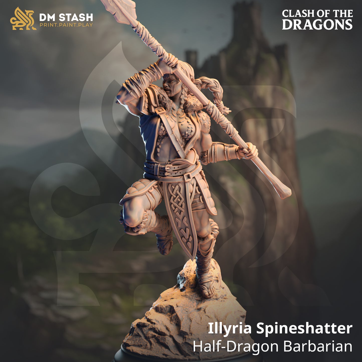 Image shows a 3D render of a half-dragonborn barbarian gaming miniature.