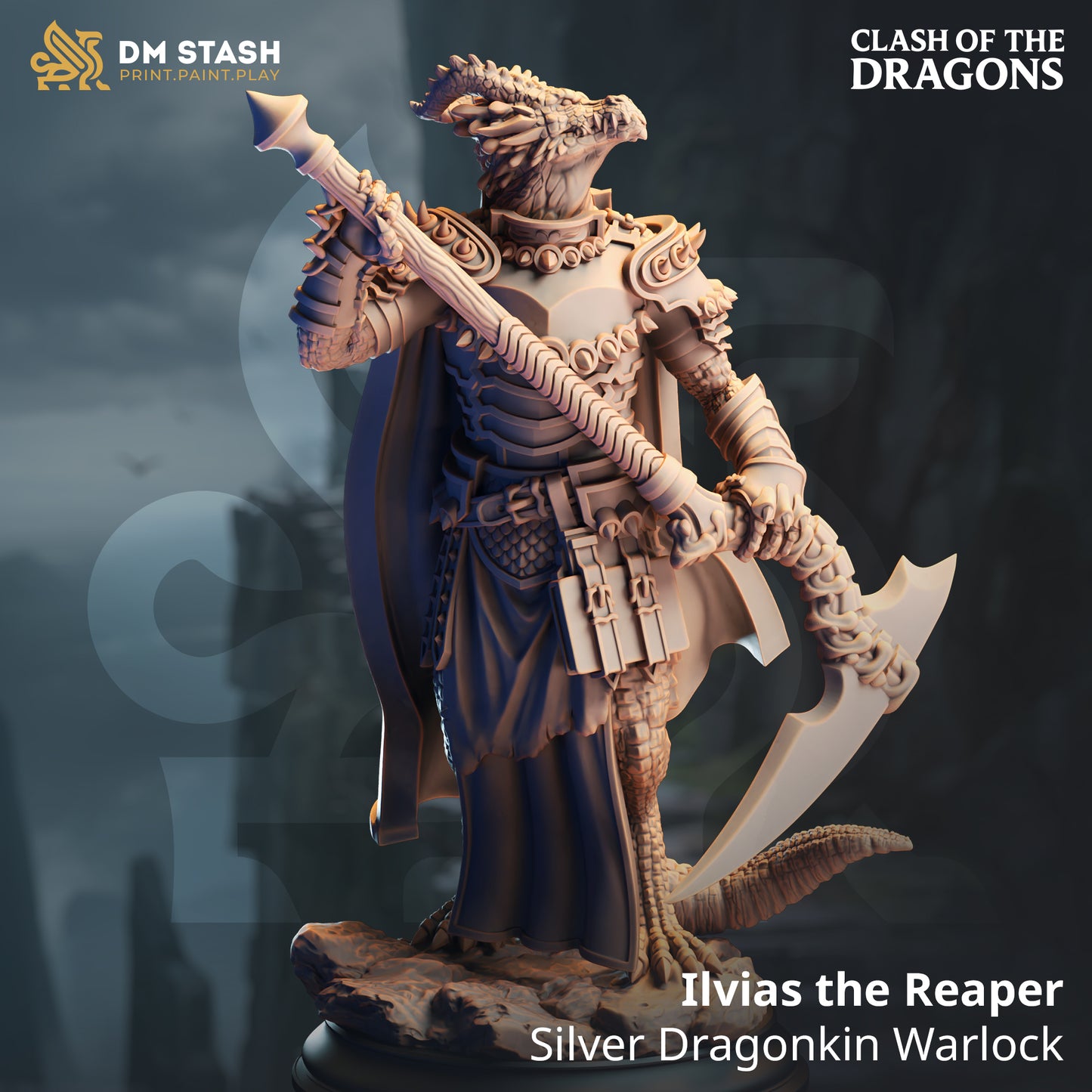 Image shows a 3D render of a dragonborn warlock gaming miniature.