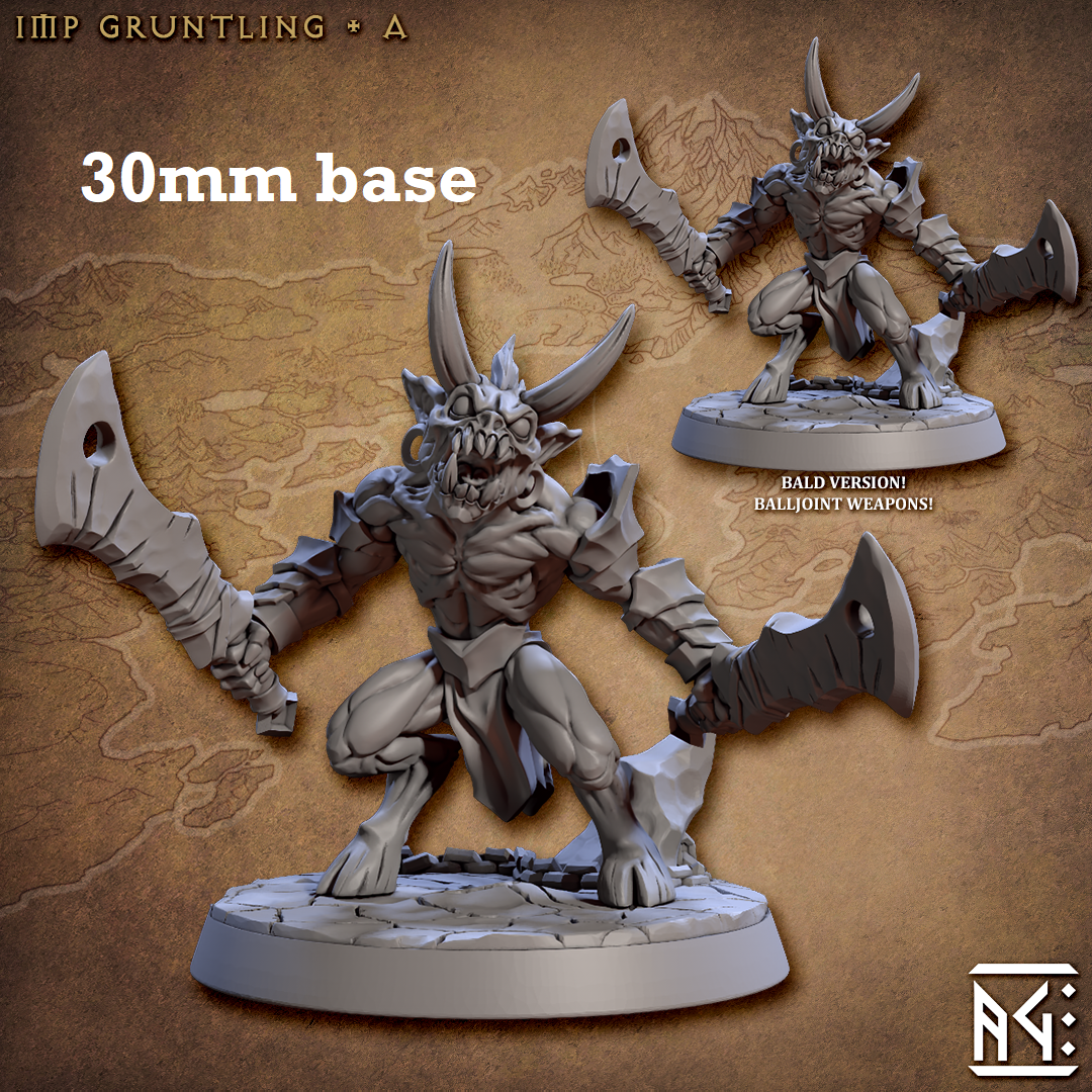 Image shows 3D renders of two sculpt options for a demon minion gaming miniature.