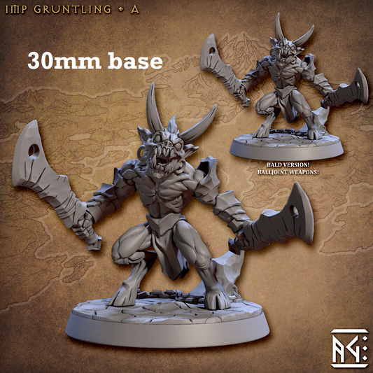 Image shows 3D renders of two sculpt options for a demon minion gaming miniature.