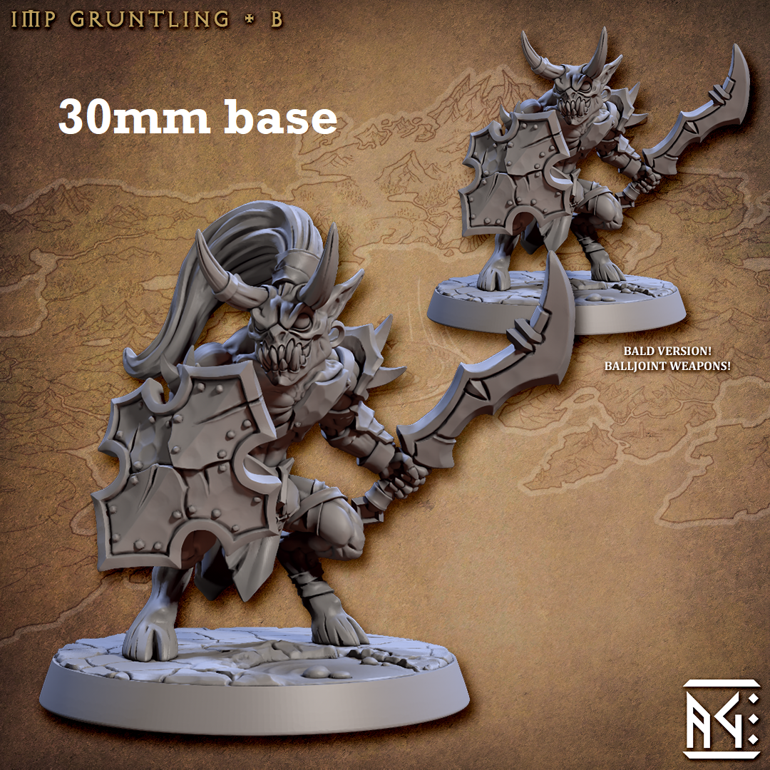 Image shows 3D renders of two sculpt options for a demon minion gaming miniature.