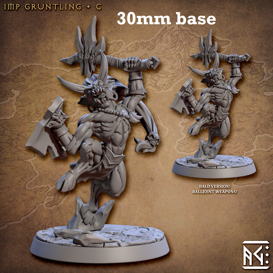 Image shows 3D renders of two sculpt options for a demon minion gaming miniature.