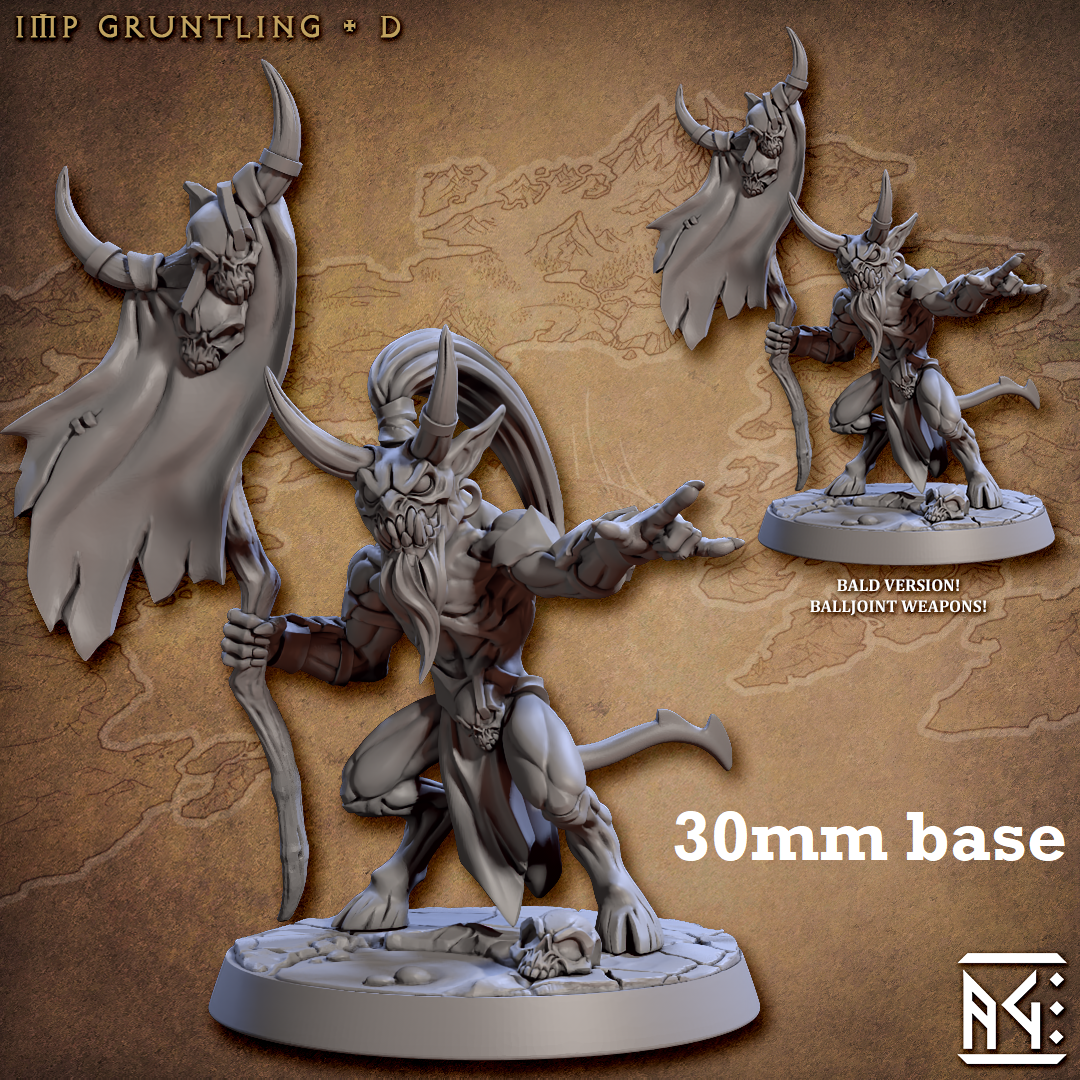 Image shows 3D renders of two sculpt options for a demon minion gaming miniature.