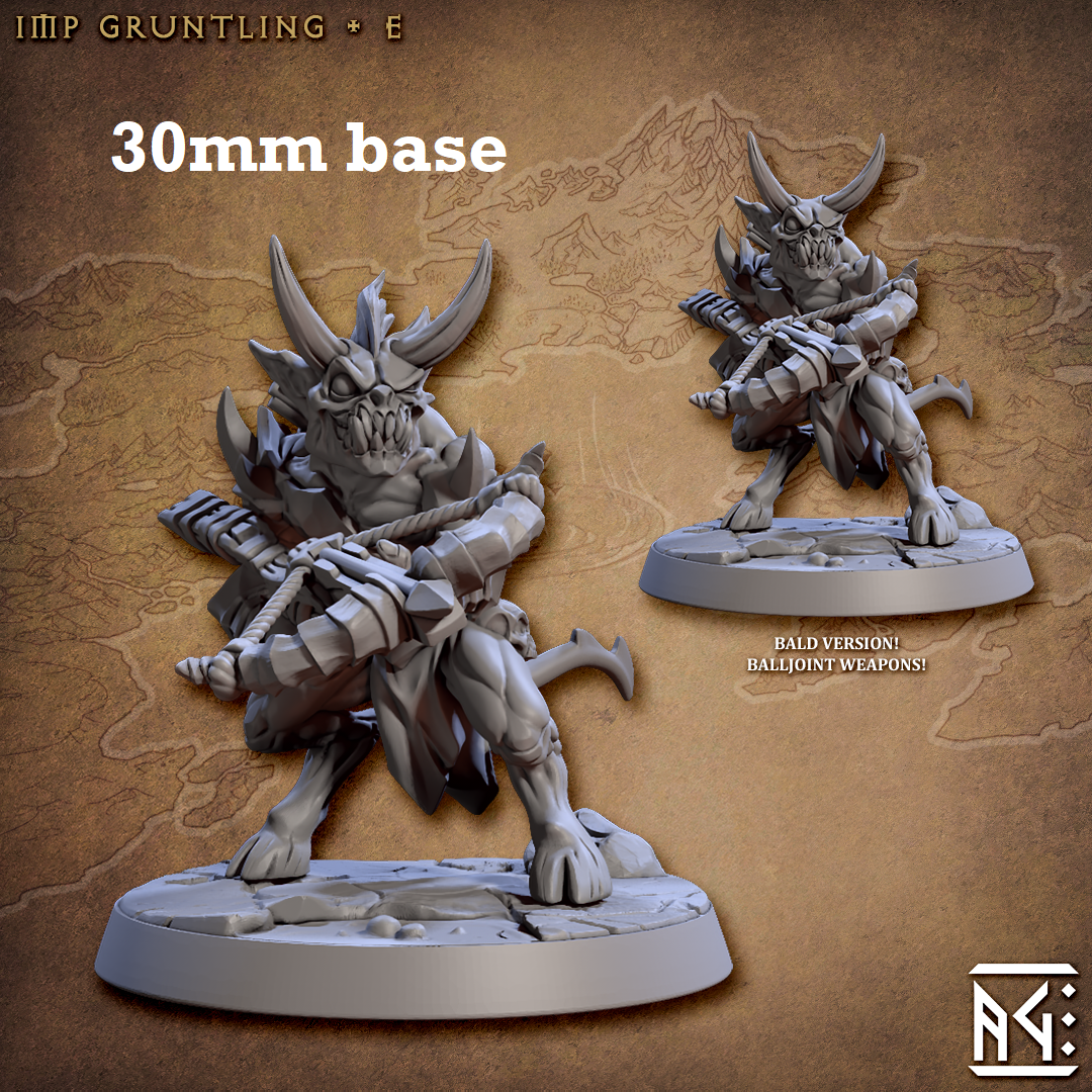 Image shows 3D renders of two sculpt options for a demon minion gaming miniature.