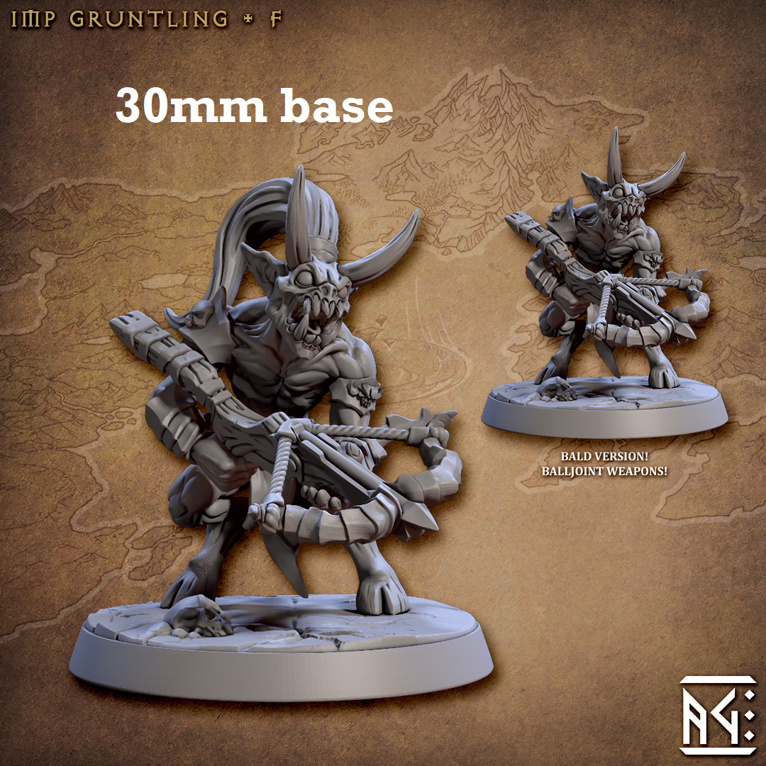 Image shows 3D renders of two sculpt options for a demon minion gaming miniature.