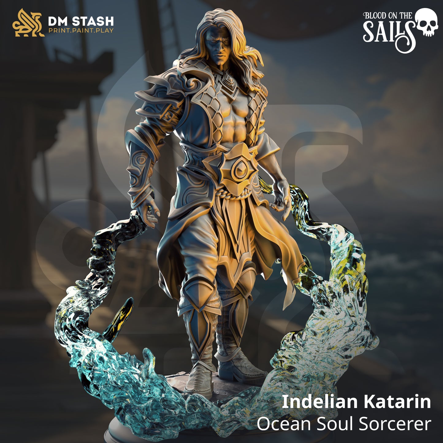 Image shows a 3D render of a elf sorcerer gaming miniature.