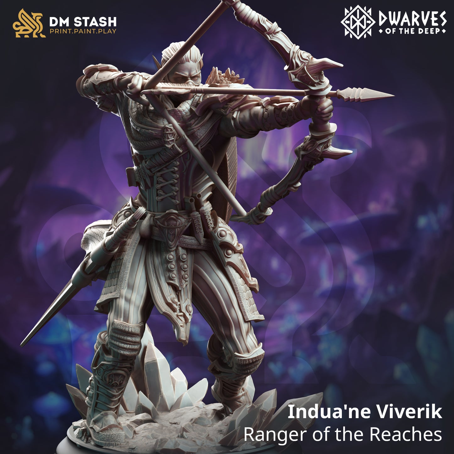 Image shows a 3D render of a drow ranger gaming miniature