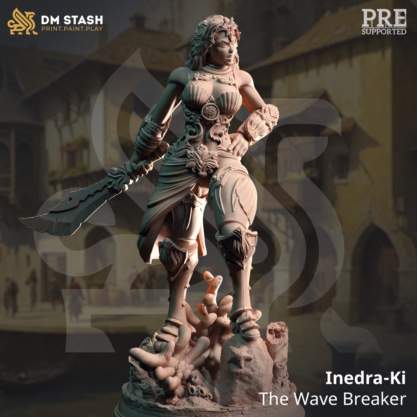 Image shows a 3d render of a pirate gaming miniature, clothed in seashells and standing on rocks & coral holding a sword