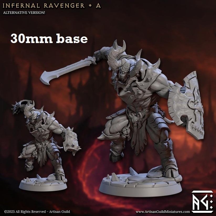 Image shows 3D renders of two sculpt options for a demon warrior gaming miniature.