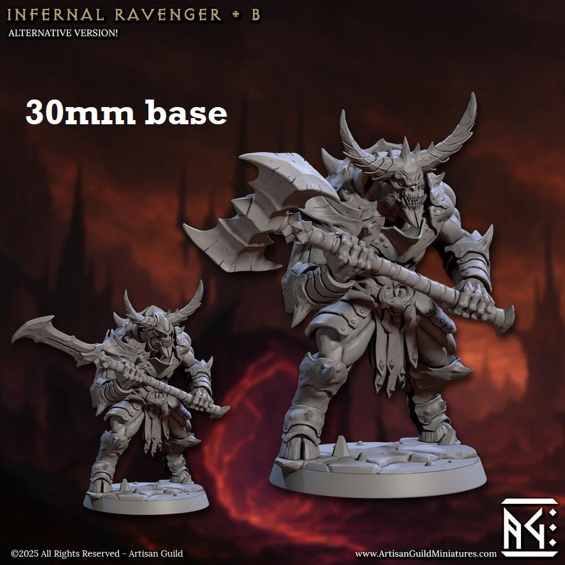Image shows 3D renders of two sculpt options for a demon warrior gaming miniature.