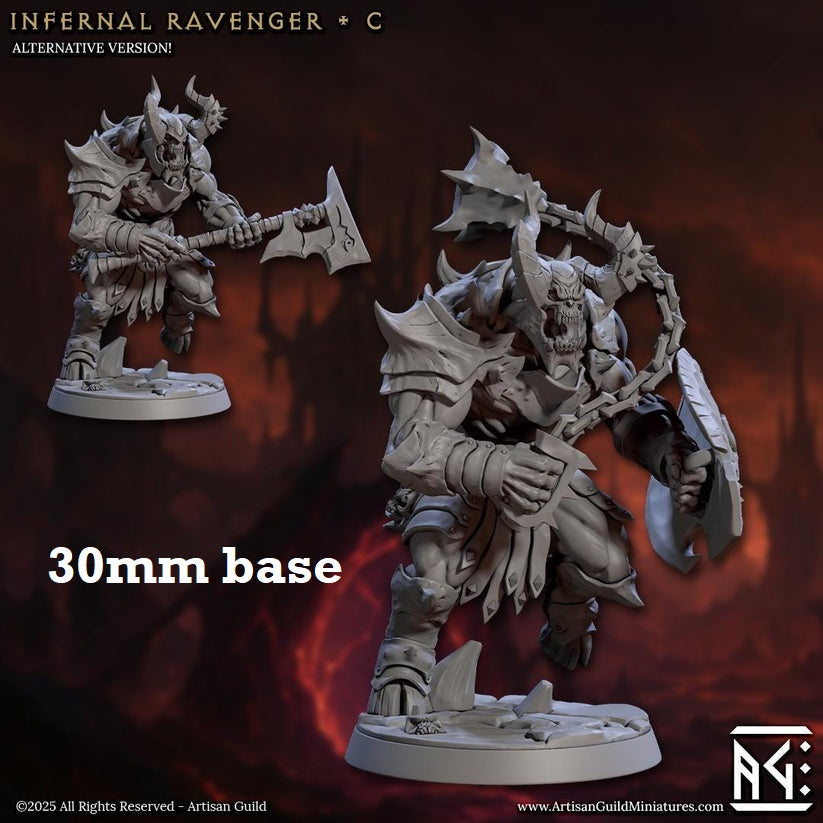 Image shows 3D renders of two sculpt options for a demon warrior gaming miniature.