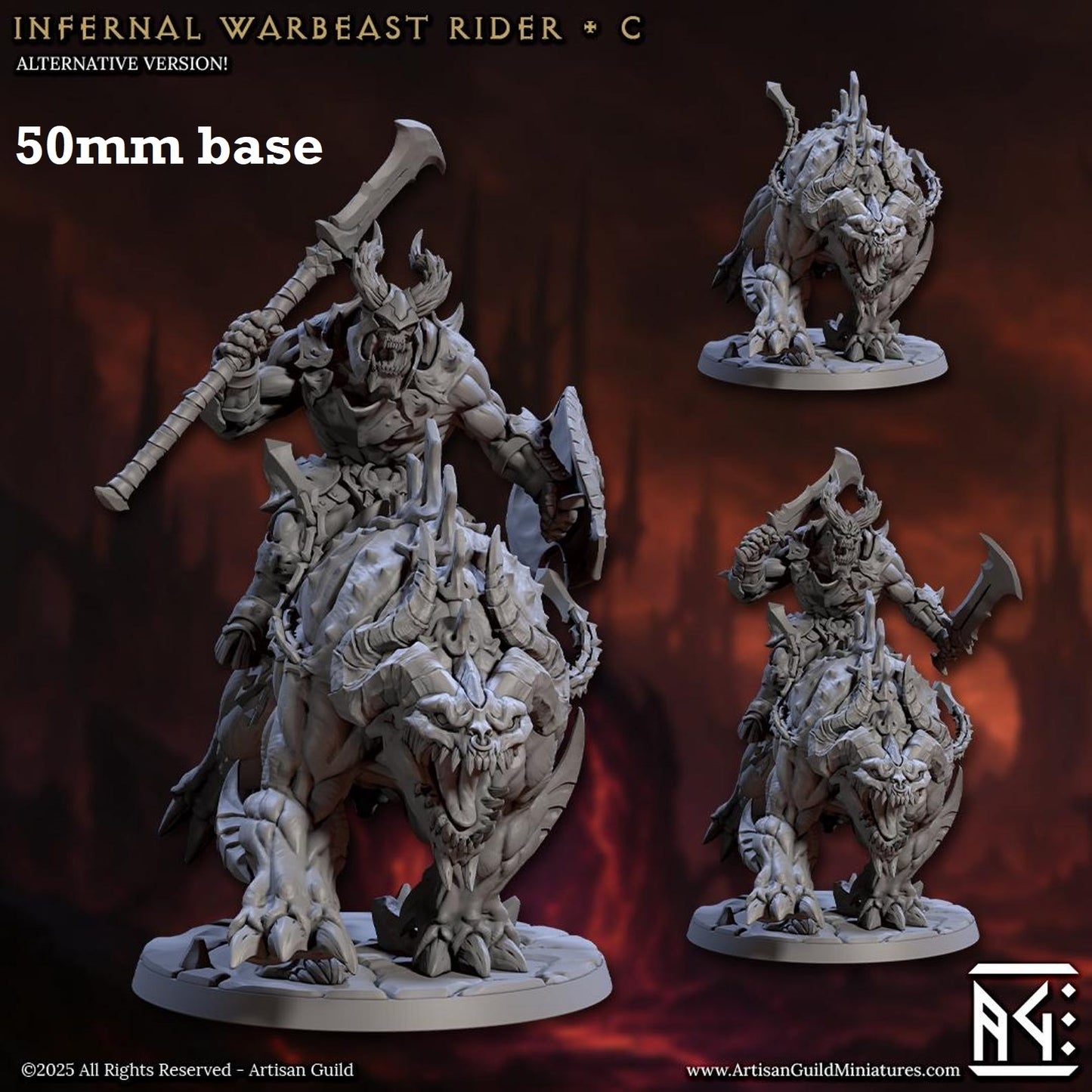 Image shows 3D renders of two sculpt options for a demon warbeast cavalry unit gaming miniature.