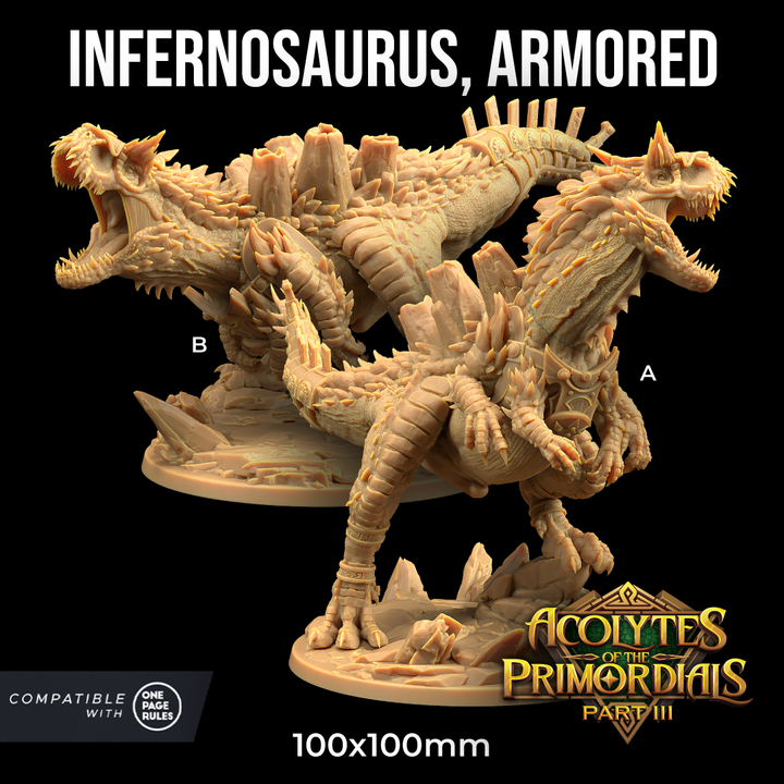 Image shows 3D renders of two different sculpt options for an armored ceratosaurus gaming miniature