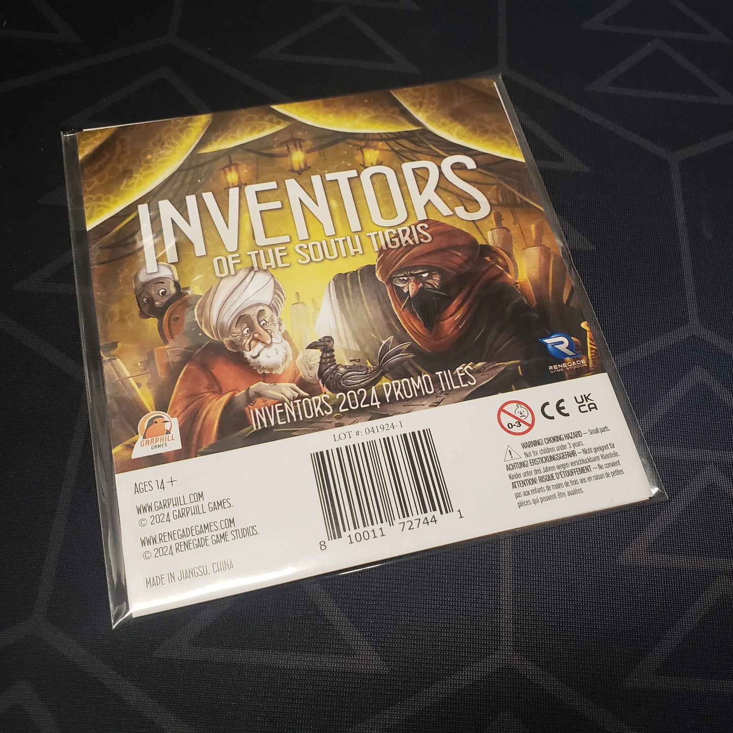 Image shows the front of the package for the 2-24 Promo Tiles expansion for the Inventors of the South Tigris board game
