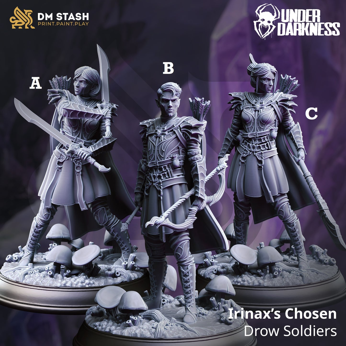 Image shows 3D renders for three different sculpt options of a drow soldier gaming miniature.