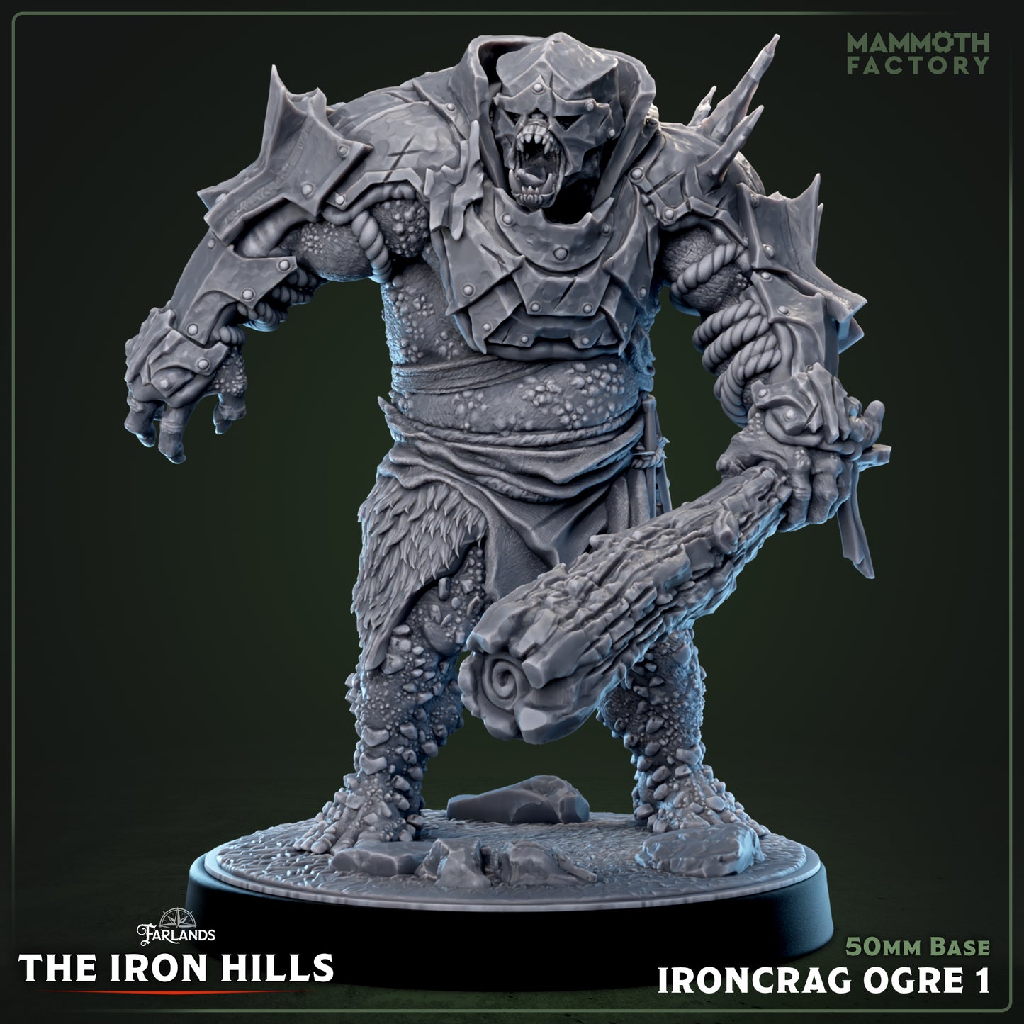 Image shows a 3D render of a armored ogre gaming miniature.