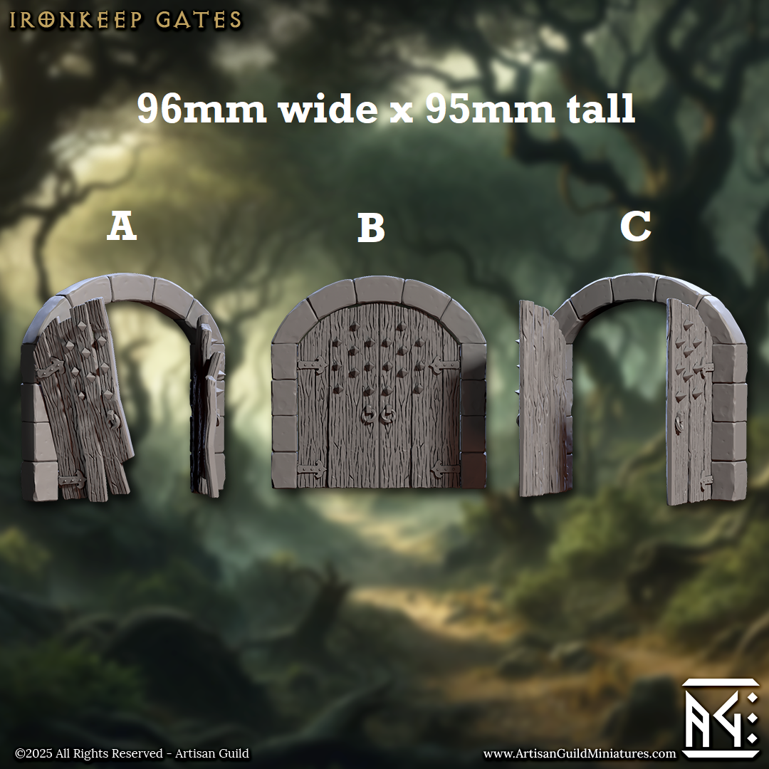 Image shows 3D renders for three different sculpt options of a castle gate gaming miniature terrain piece