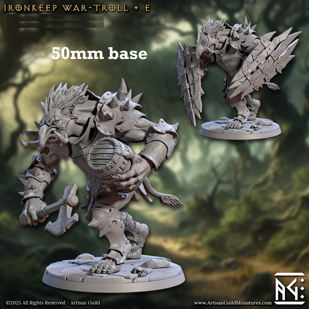 Image shows 3D renders of two sculpt options for a troll warrior gaming miniature.