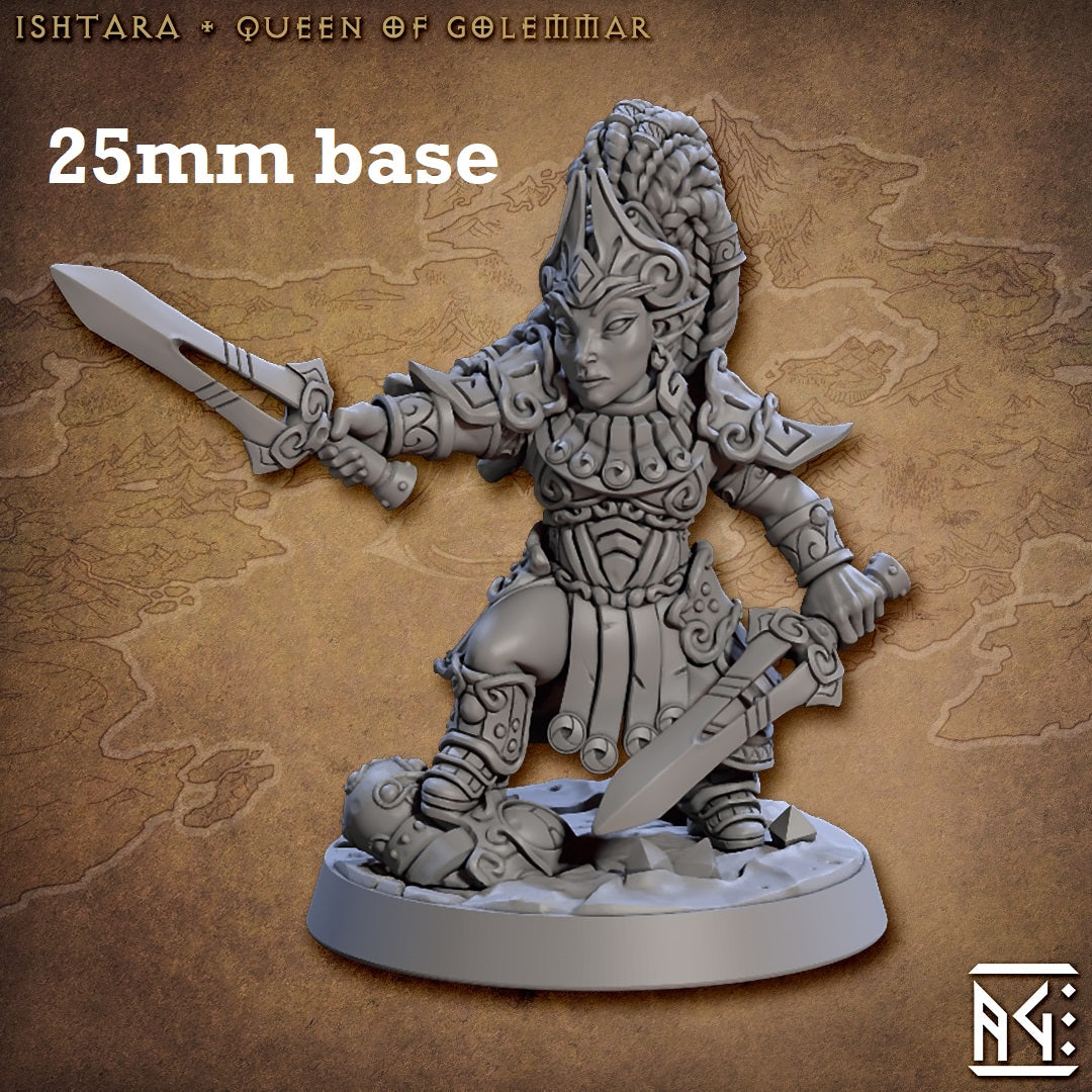 Image shows a 3D render of a gnome queen fighter gaming miniature.